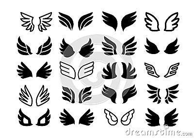 Wing pair icons. Simple angel or birds silhouette and line symbols, eagle hawk and phoenix feather wings set. Tattoo Stock Photo