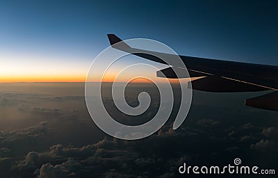 Wing plane and the view from the height of the window plane in Stock Photo