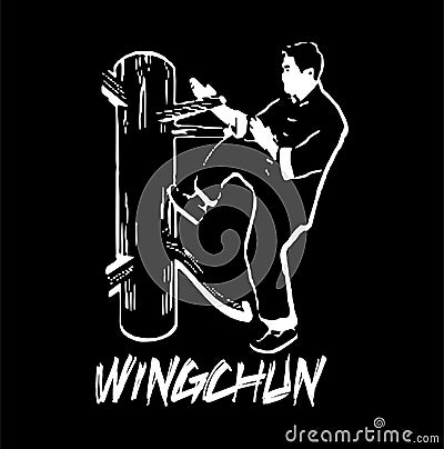 wingchun fighter train with wooden dummy Vector Illustration