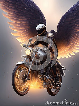 Winged angel on a motorcycle, an angel flying on a motorcycle in a flame of fire. Generative Ai Cartoon Illustration