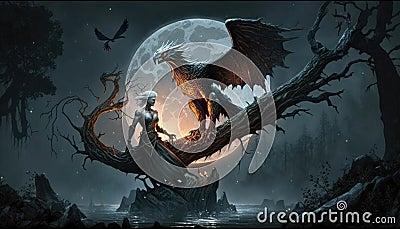 A winged beast perched atop a gnarled tree its wingspan blocking out the moon. Fantasy art. AI generation Stock Photo