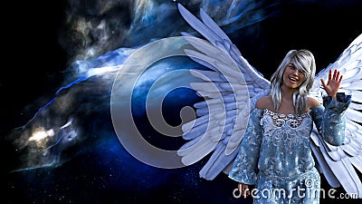 Winged being in a blue floral lace dress waving in space with a nebula and stars in the background Cartoon Illustration