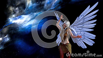 Winged being in a brief leather outfit dancing in space with a nebula and stars in the background Cartoon Illustration