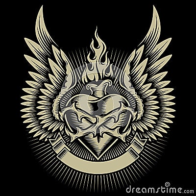 Winged Burning Heart With Thorns Vector Illustration