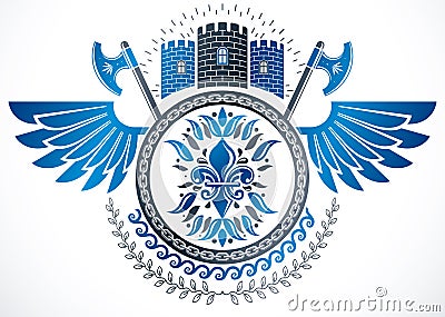 Winged classy emblem, vector heraldic Coat of Arms composed using medieval castle. Vector Illustration