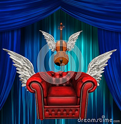 Winged comfort chair and viiolin Stock Photo