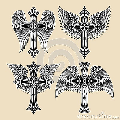 Winged Cross Set Vector Illustration