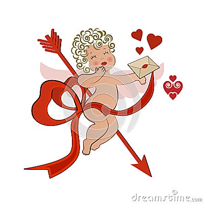 Winged Cupid with envelope Vector Illustration