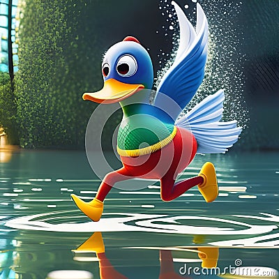 winged duck running on a water Stock Photo