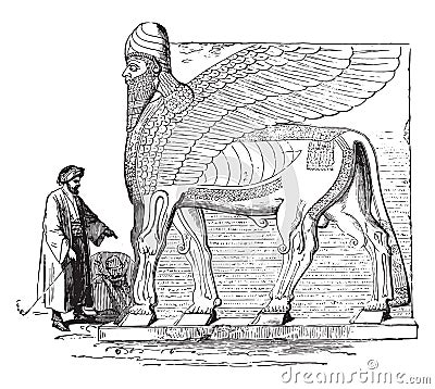 Winged figure in a portal, Nimrud, vintage engraving Vector Illustration