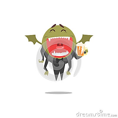 Winged Green Monster Wearing Tails Laughing And Drinking Beer Partying Hard As A Guest At Glamorous Posh Party Vector Vector Illustration