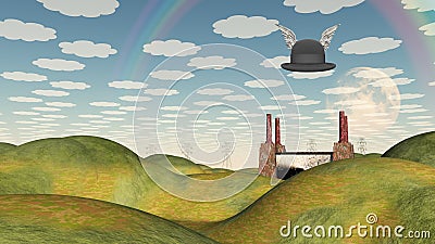 Winged Hat in surreal landscape Stock Photo