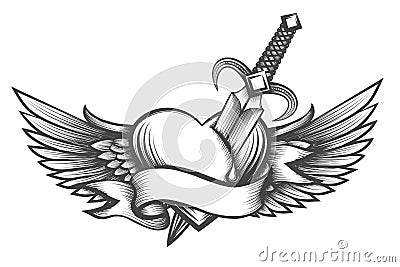 Winged heart pierced by dagger drawn in tattoo style Cartoon Illustration