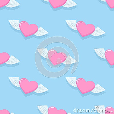 Winged heart seamless pattern. Background for Valentines day. H Vector Illustration