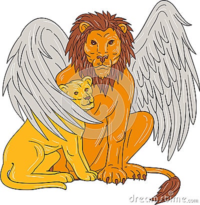 Winged Lion With Cub Under Its Wing Drawing Vector Illustration