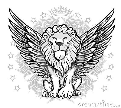 Winged Lion Front View Drawing Vector Illustration