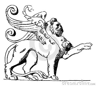 Winged Lion is shown on the tomb of Loys de Bresze in the Rouen Cathedral, vintage engraving Vector Illustration