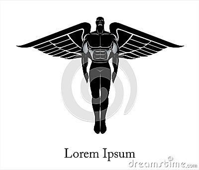 Man with the wing. Flying winged man. Winged Human silhouette. Stock Photo