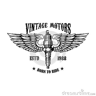 Winged motorcycle spark plug. Design elements for logo, label, sign, menu Vector Illustration