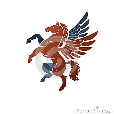 Winged Pegasus ancient emblem animal element. Heraldic vector design element. Retro style label. Vector Illustration