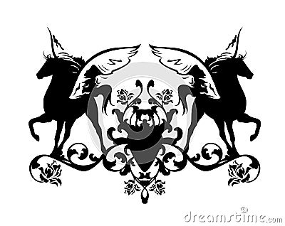 Winged pegasus horses and rose flowers black and white vector heraldic emblem Vector Illustration