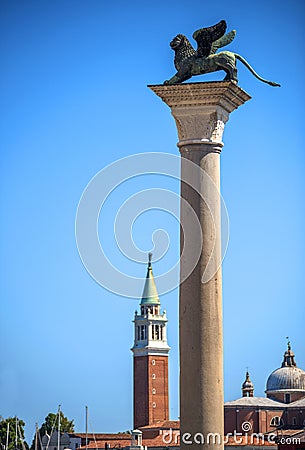 Winged St Mark Lion symbol of Venice on its column - Venice, Italy Stock Photo