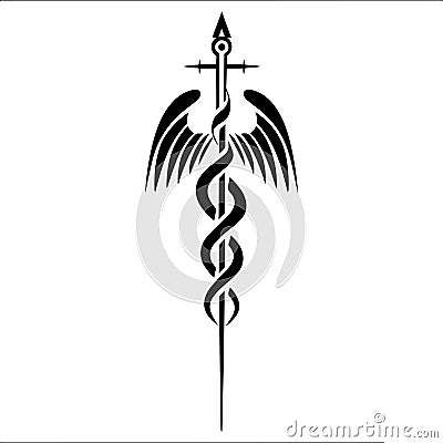 Caduceus Symbol with Twin Serpents and Wings in Bold Black Vector Design Stock Photo