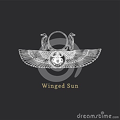 Winged Sun, vector illustration in engraving style. Vintage pastiche of esoteric and occult sign. Drawn sketch. Vector Illustration