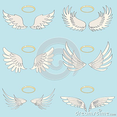 Wings of an angel with a halo, realistic white wings of an angel on a light background. Cartoon Illustration