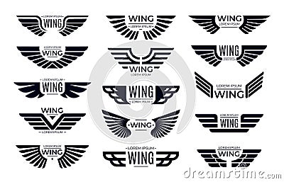 Wings badges. Flying emblem, eagle bird wing and winged frame vector set Vector Illustration