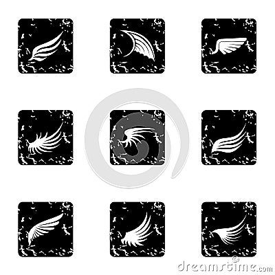 Wings of bird icons set, grunge style Vector Illustration