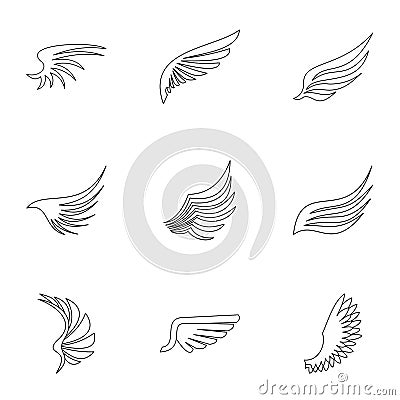 Wings of bird icons set, outline style Vector Illustration