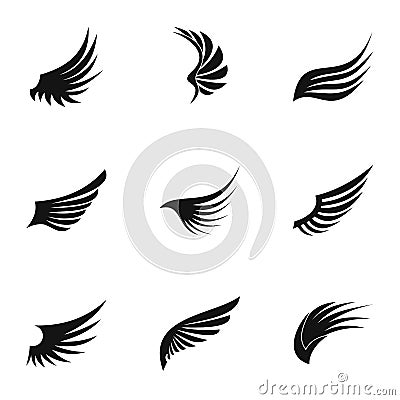 Wings of bird icons set, simple style Vector Illustration