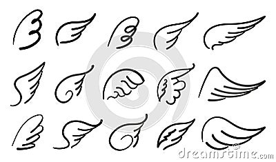 Wings birds and angel. Cartoon doodle bird tattoo wing icon. Feather sketch handdrawn collection Vector Illustration