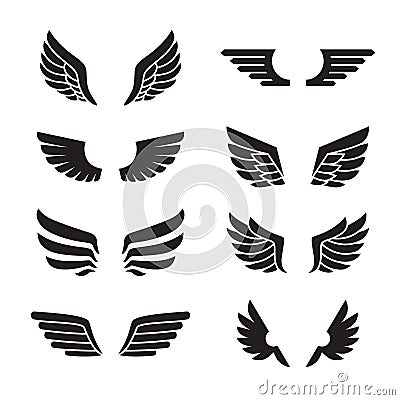 Wings black icons vector set. Minimalistic design. Vector Illustration