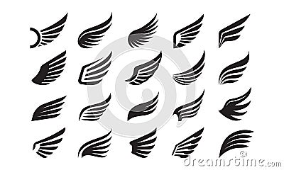 Wings icons. Angel bird eagle wing and feather emblem, simple hawk silhouette heraldic symbol. Minimal dove freedom Vector Illustration