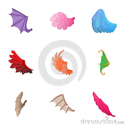 Wings icons set, cartoon style Vector Illustration