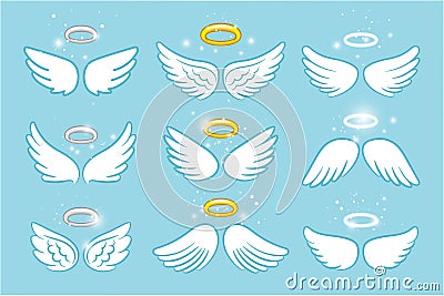 Wings and nimbus. Angel winged glory halo cute cartoon drawings vector illustration Vector Illustration
