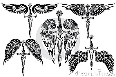 Wings and Sword big set Vector Illustration