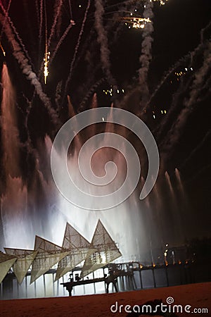 Water and lights - Wings of Time Show - Sentosa, Singapore Editorial Stock Photo