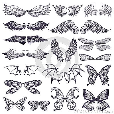 Wings vector flying winged angel with wing-case of bird and butterfly with wingspan illustration black wing-beat tattoo Vector Illustration