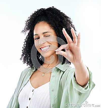 Wink, studio and woman portrait with perfect hand sign for support or agree, vote or review on white background. Face Stock Photo