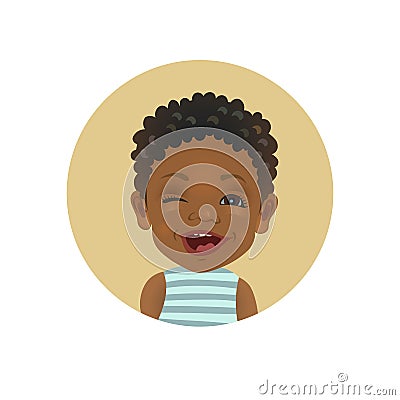 Winking Afro American child. Playful African toddler emoticon. Cute dark-skinned baby facial expression. Vector Illustration