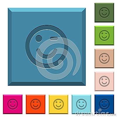 Winking emoticon engraved icons on edged square buttons Stock Photo