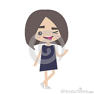 Winking girl emotional cartoon character / flat editable vector Vector Illustration