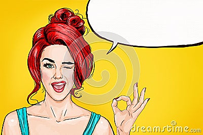 Winking girl is showing OK sign with speech bubble. Pop Art girl. Party invitation. Birthday greeting card. Hollywood movie star. Stock Photo