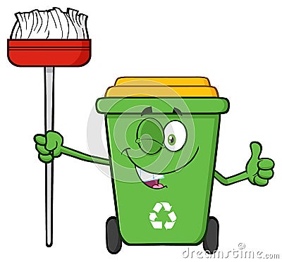 Winking Green Recycle Bin Cartoon Mascot Character Holding A Broom And Giving A Thumb Up Vector Illustration