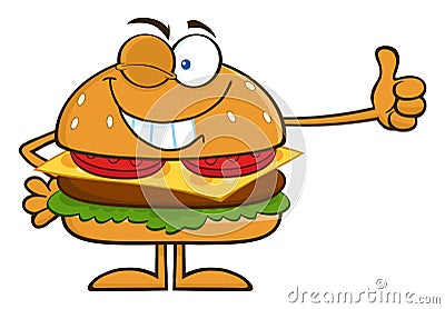 Winking Hamburger Cartoon Character Showing Thumbs Up Vector Illustration