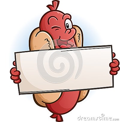 Winking Hot Dog Cartoon Character Holding a Blank Sign Vector Illustration