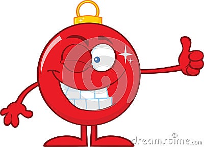 Winking Red Christmas Ball Cartoon Character Giving A Thumb Up Vector Illustration